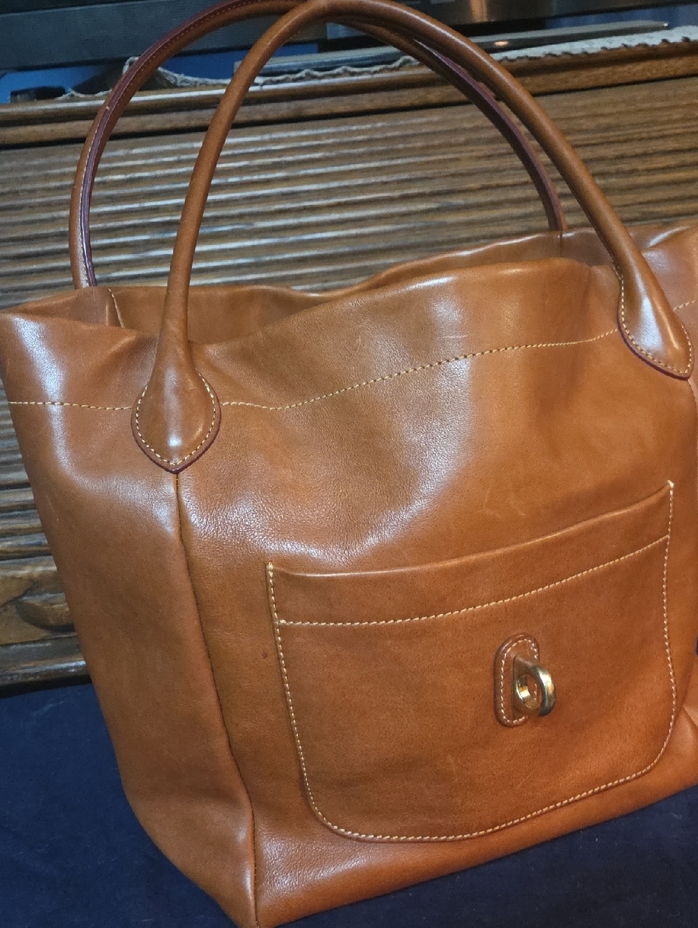 Leather Tote Bag in Cognac Brown - Unbranded